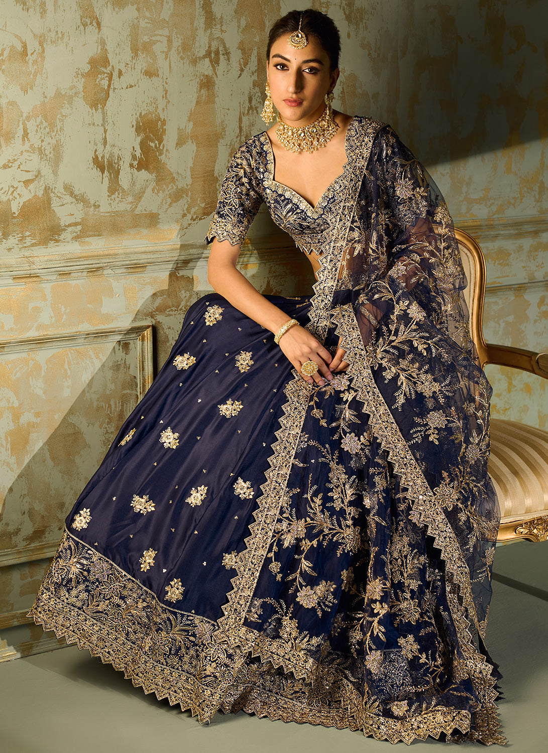 Navy Blue Embroidered Lehenga