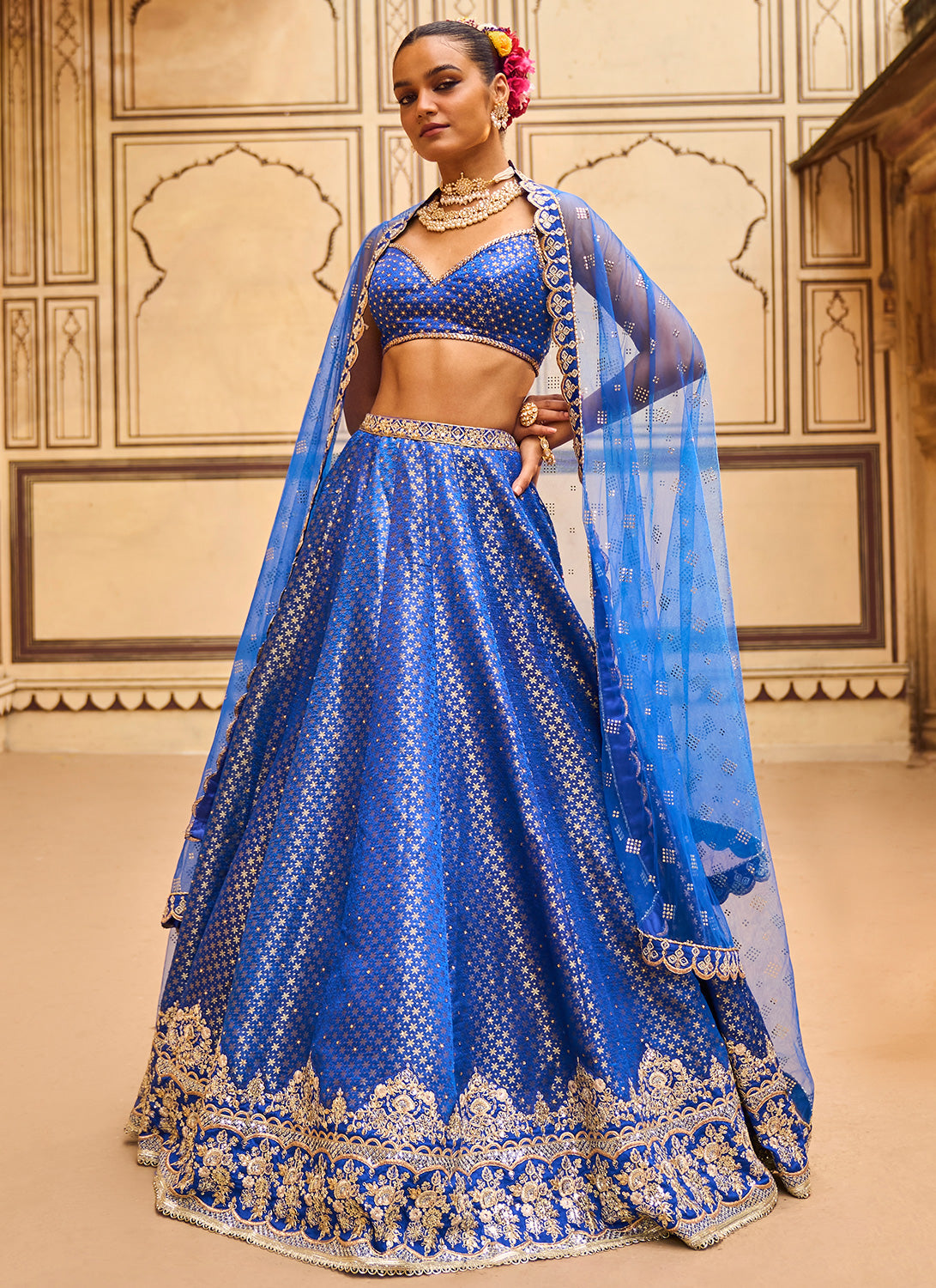 Blue Embroidered Brocade Lehenga