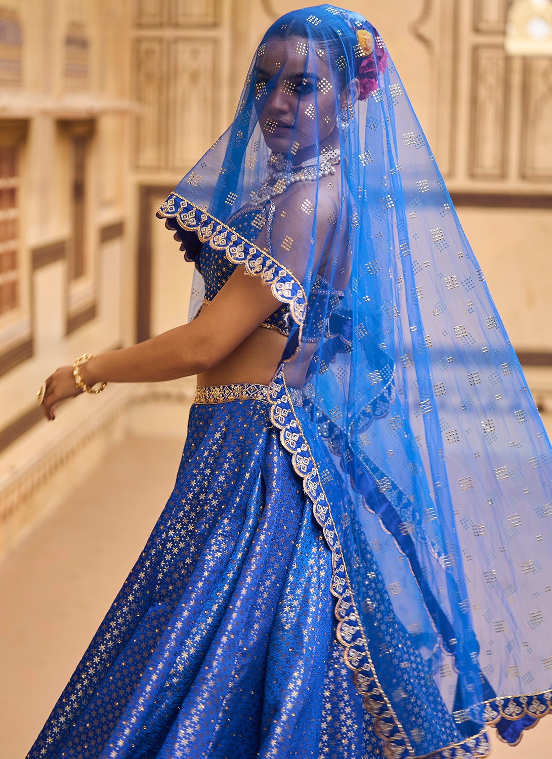 Blue Embroidered Brocade Lehenga