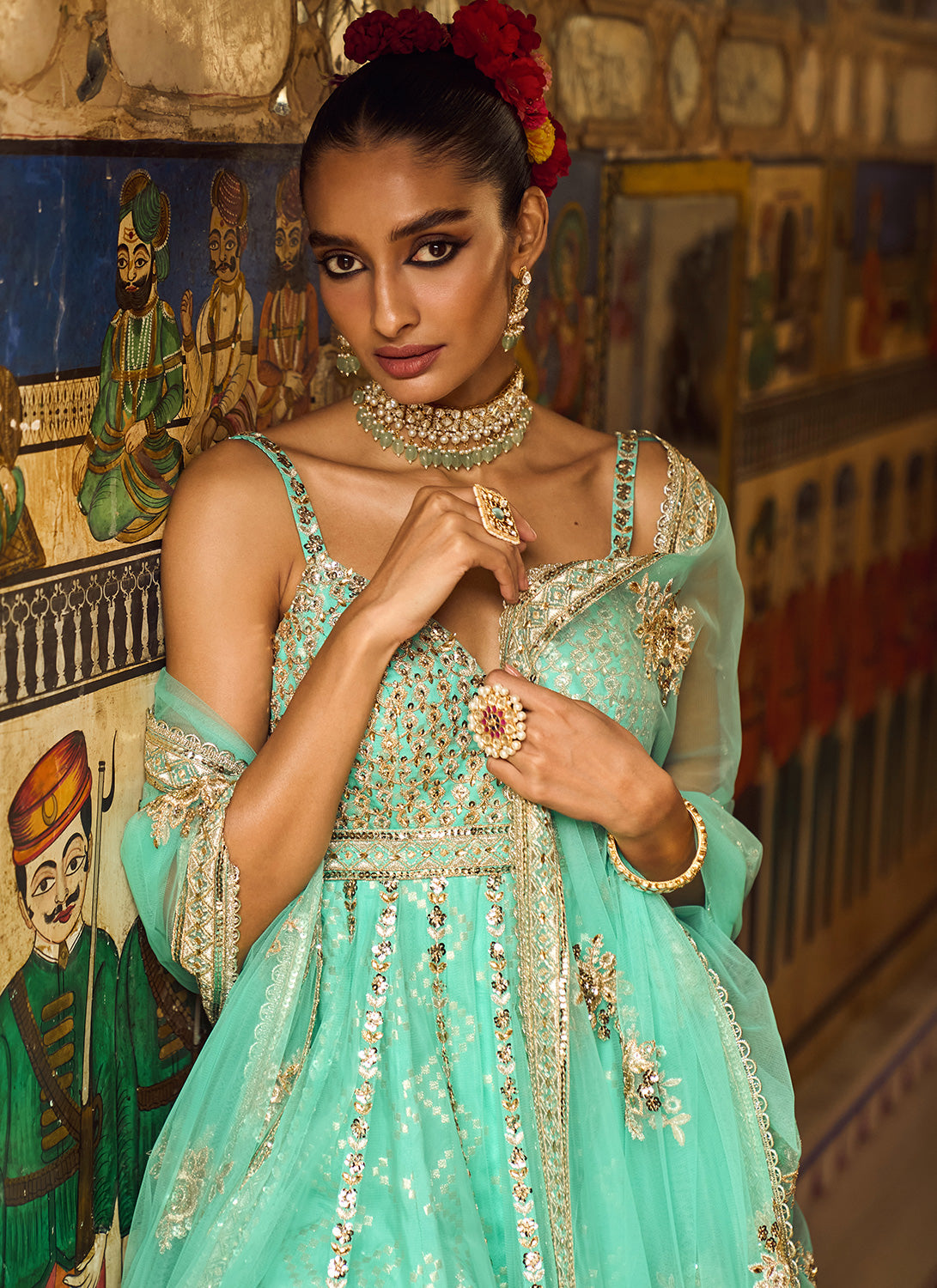 Mint Embroidered Peplum Style Gharara
