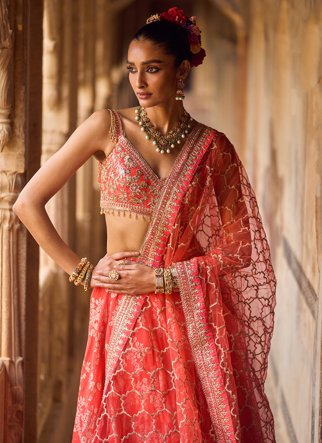 Orange Embroidered Brocade Lehenga