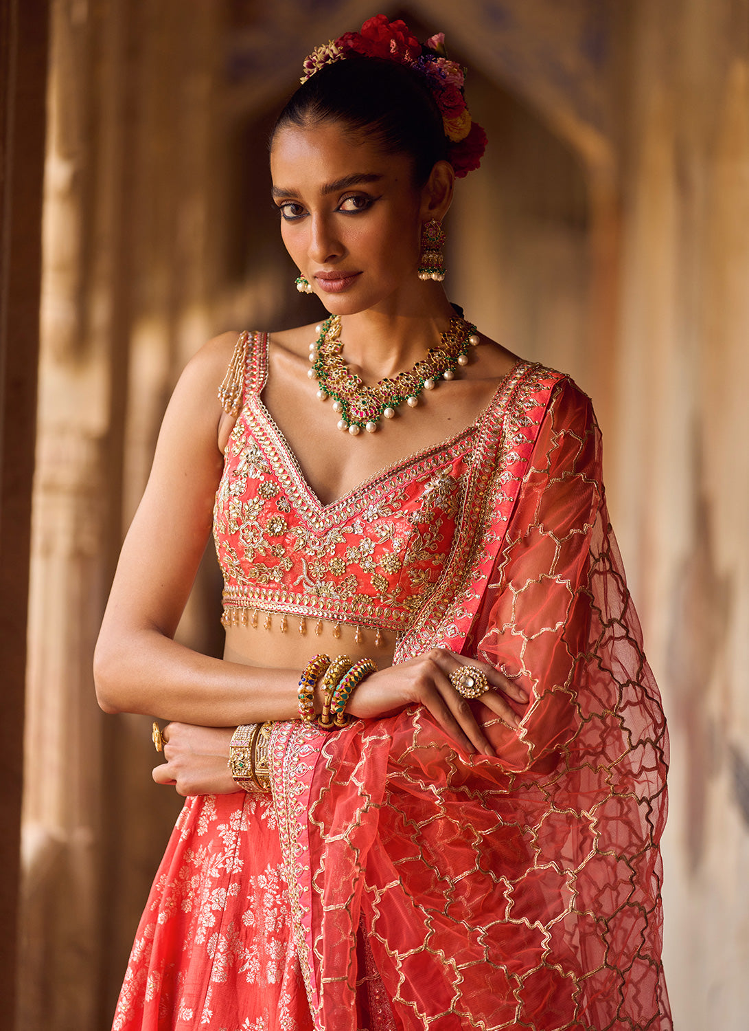 Orange Embroidered Brocade Lehenga