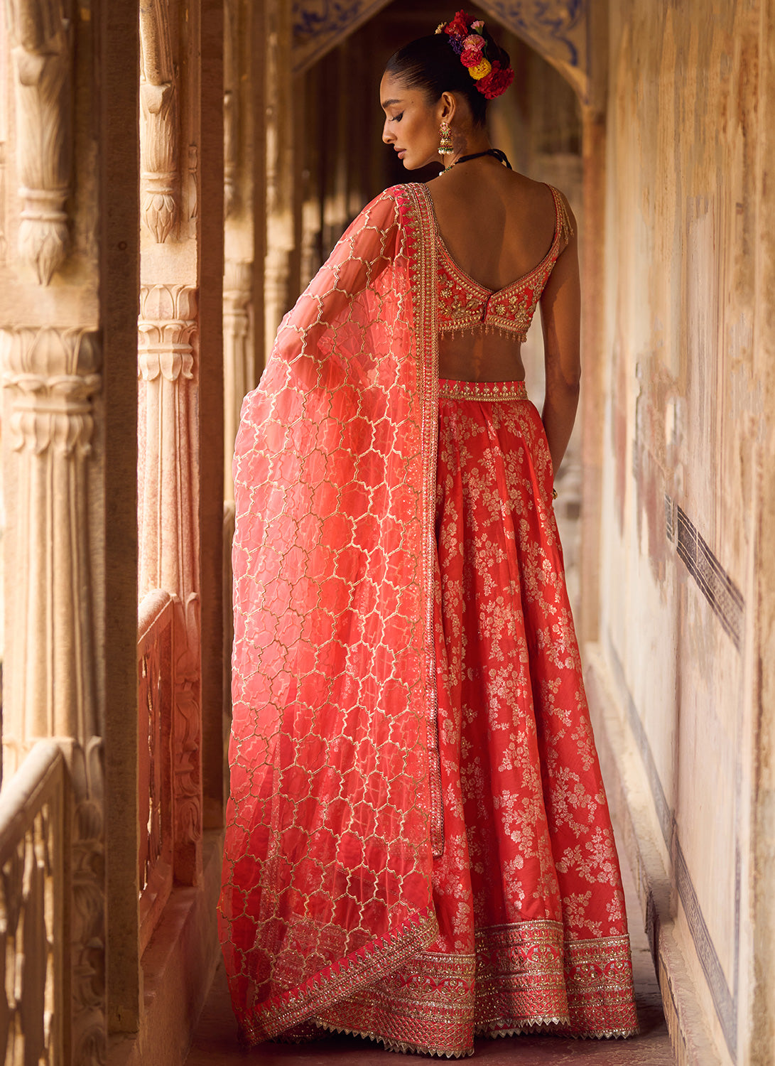 Orange Embroidered Brocade Lehenga