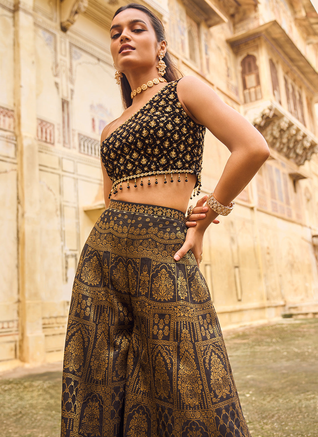 Black and Gold Embroidered Pant Set