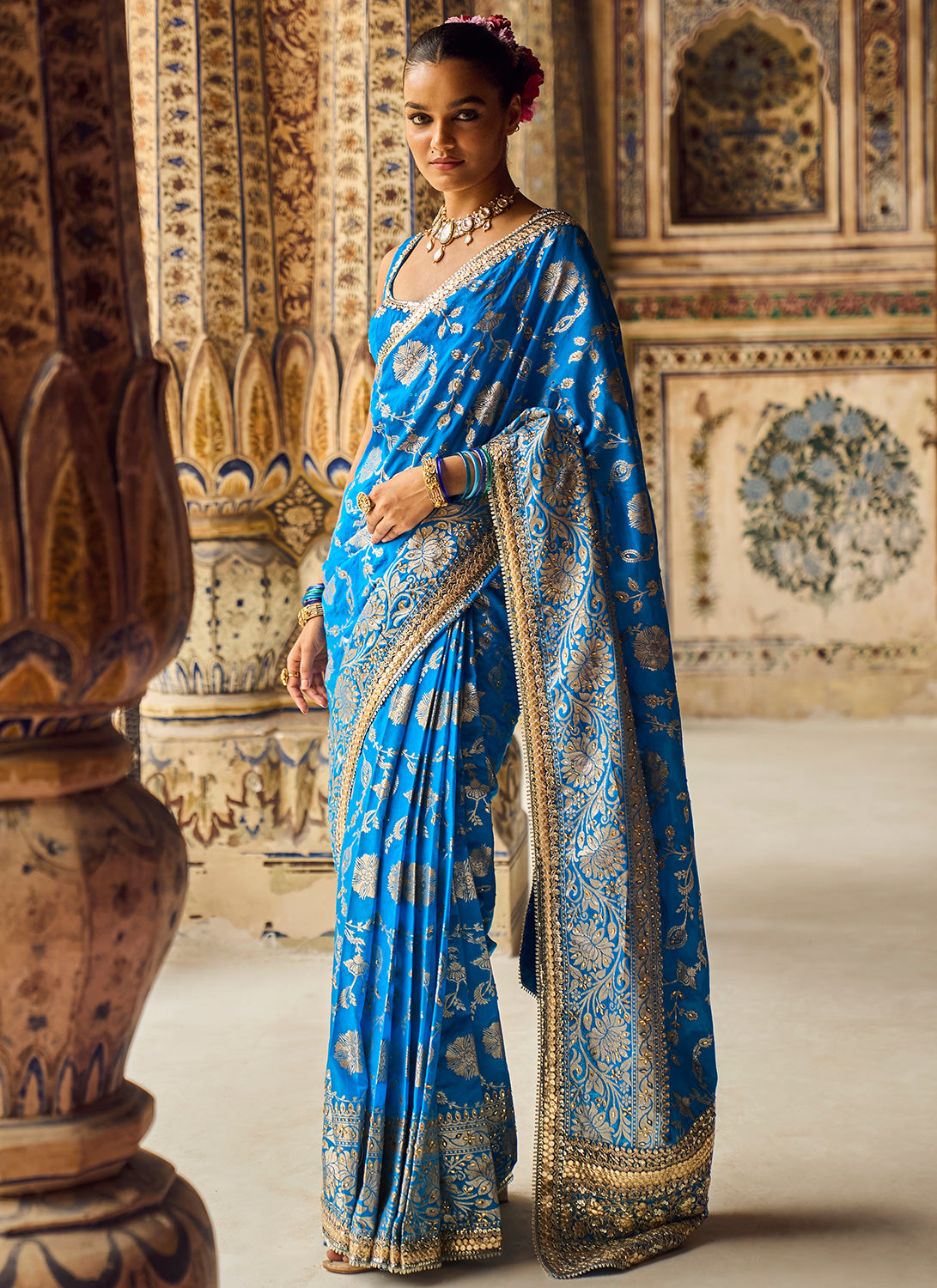 Blue Embroidered Brocade Saree