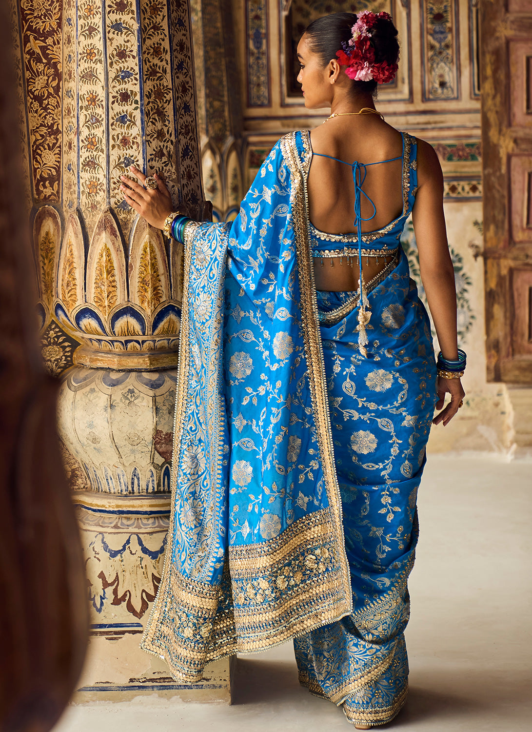 Blue Embroidered Brocade Saree