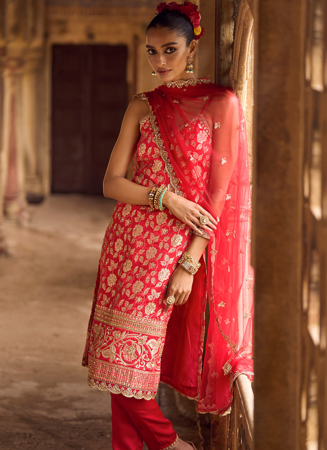 Red and Gold Hand Embroidered Straight Suit