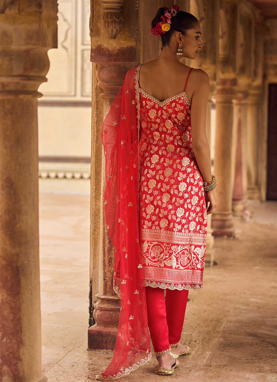 Red and Gold Hand Embroidered Straight Suit