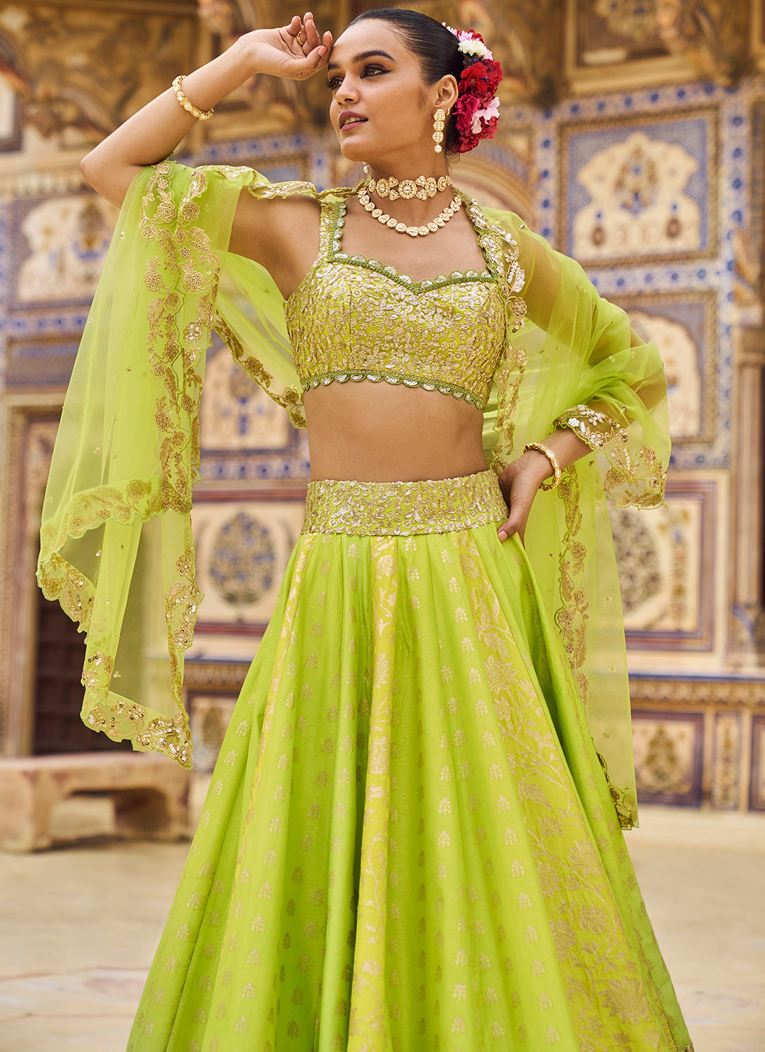 Lime Green Embroidered Lehenga