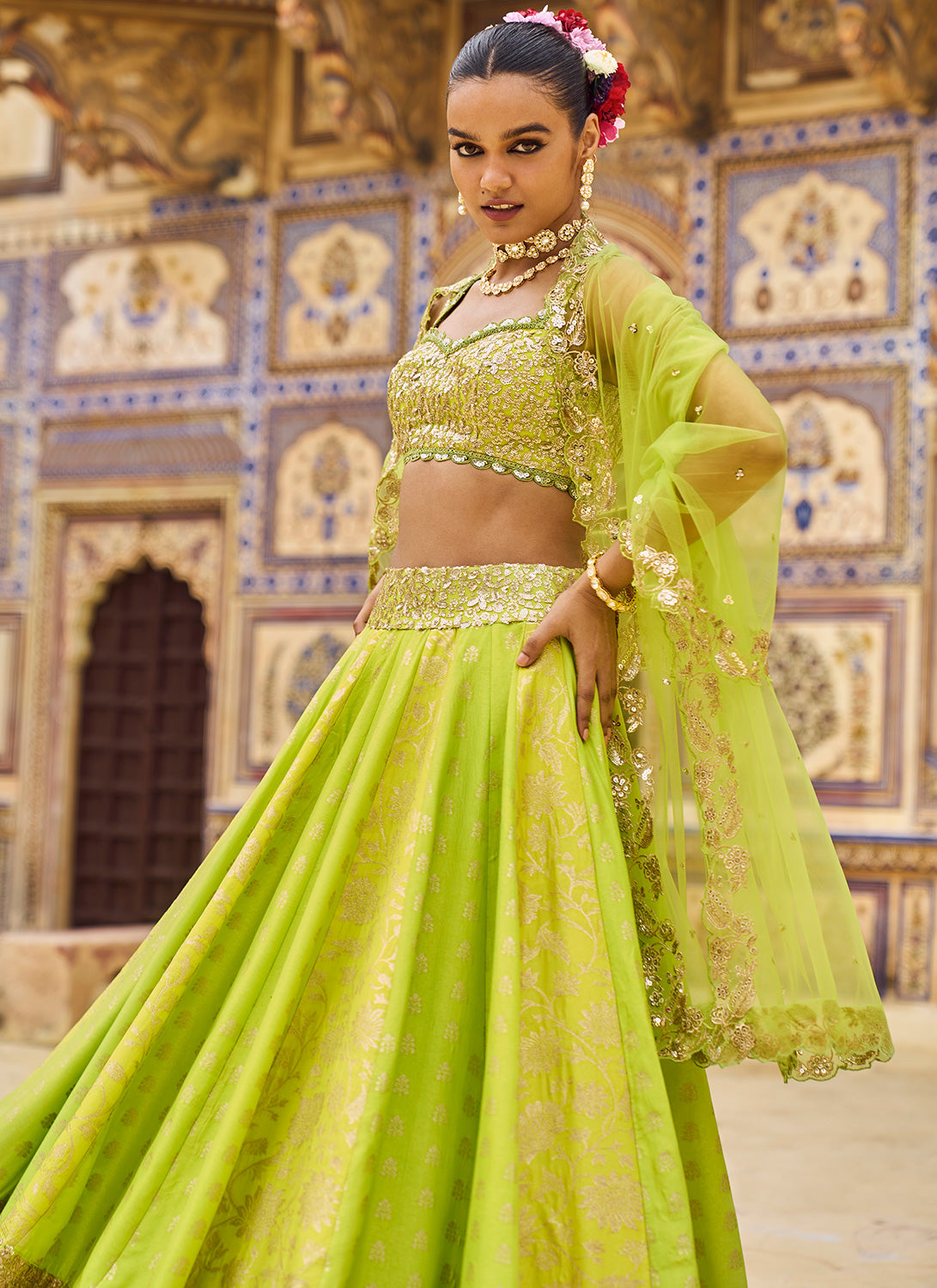 Lime Green Embroidered Lehenga