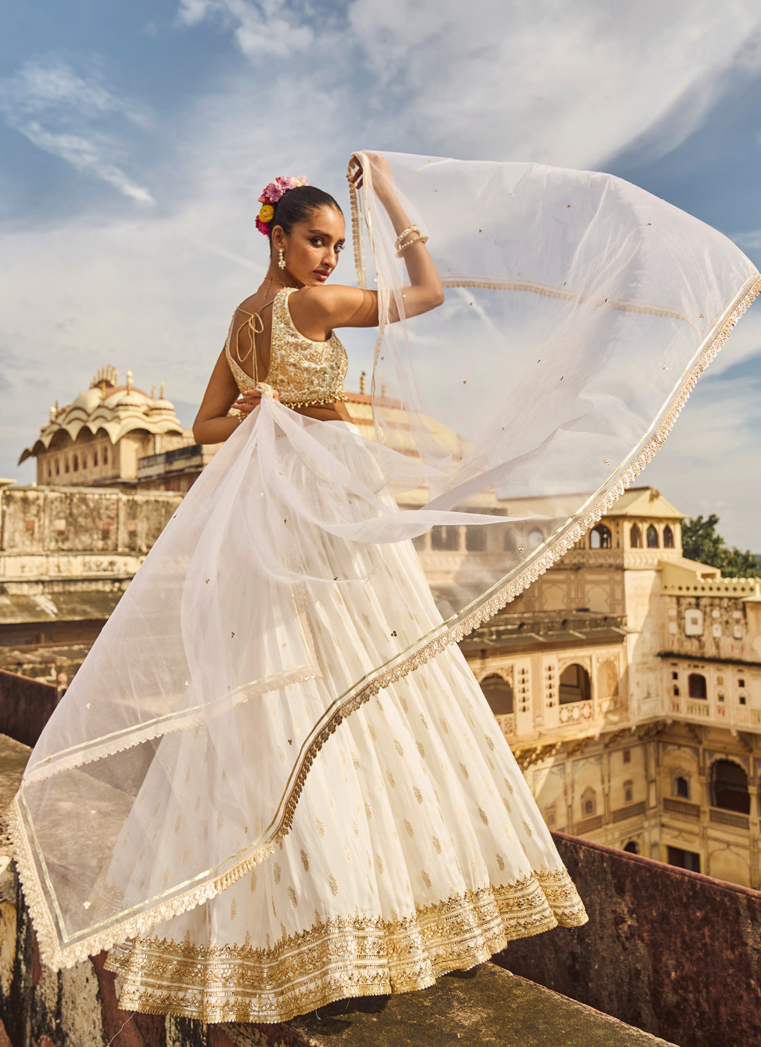 White Embroidered Brocade Lehenga