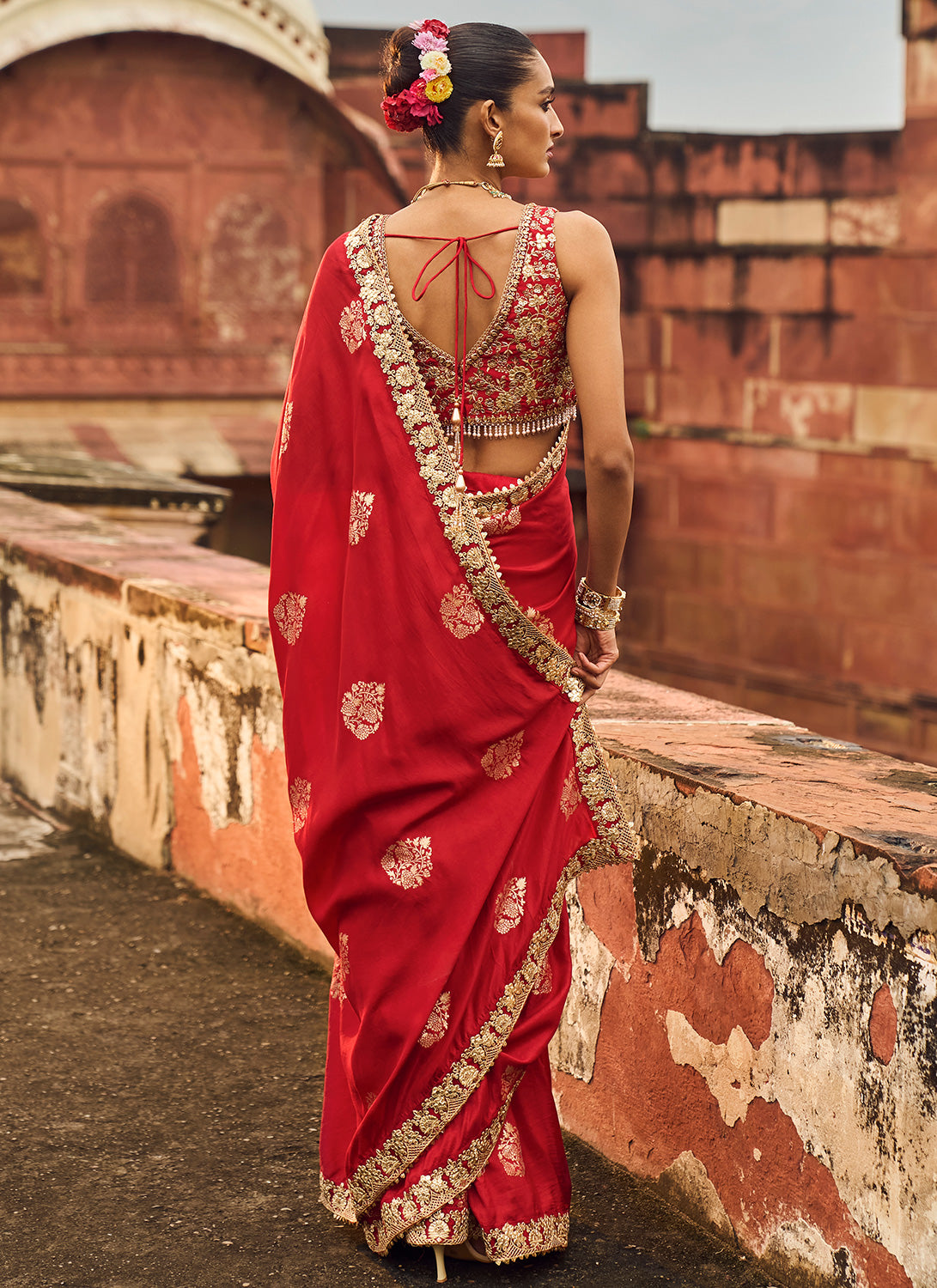 Red Embroidered Brocade Saree