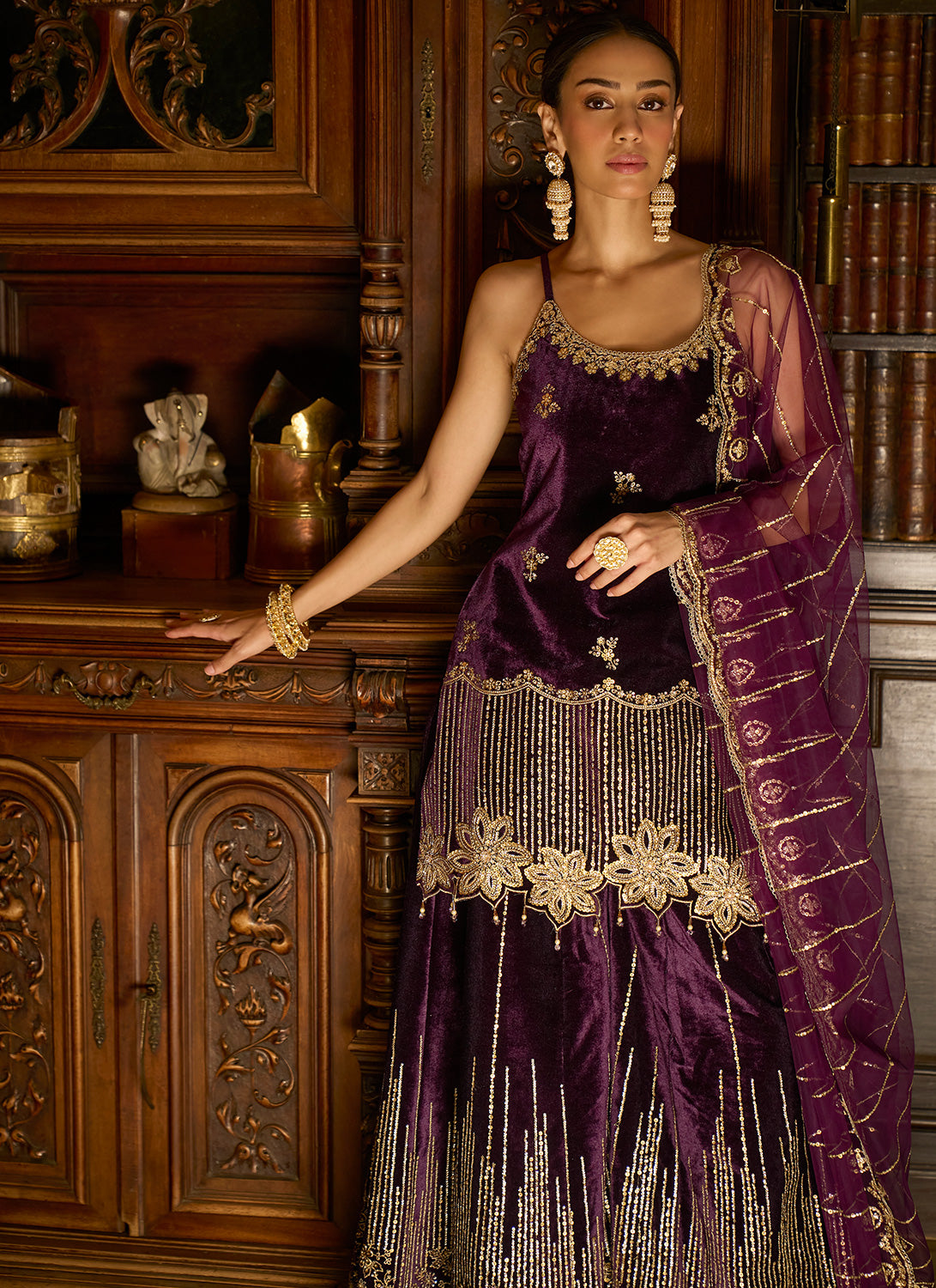 Purple Embroidered Velvet Sharara Suit