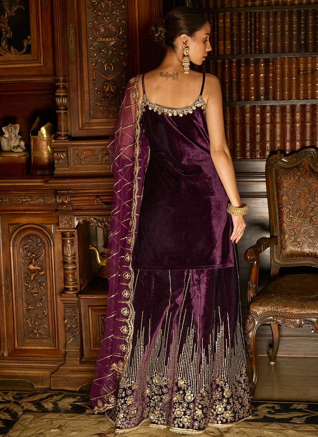 Purple Embroidered Velvet Sharara Suit