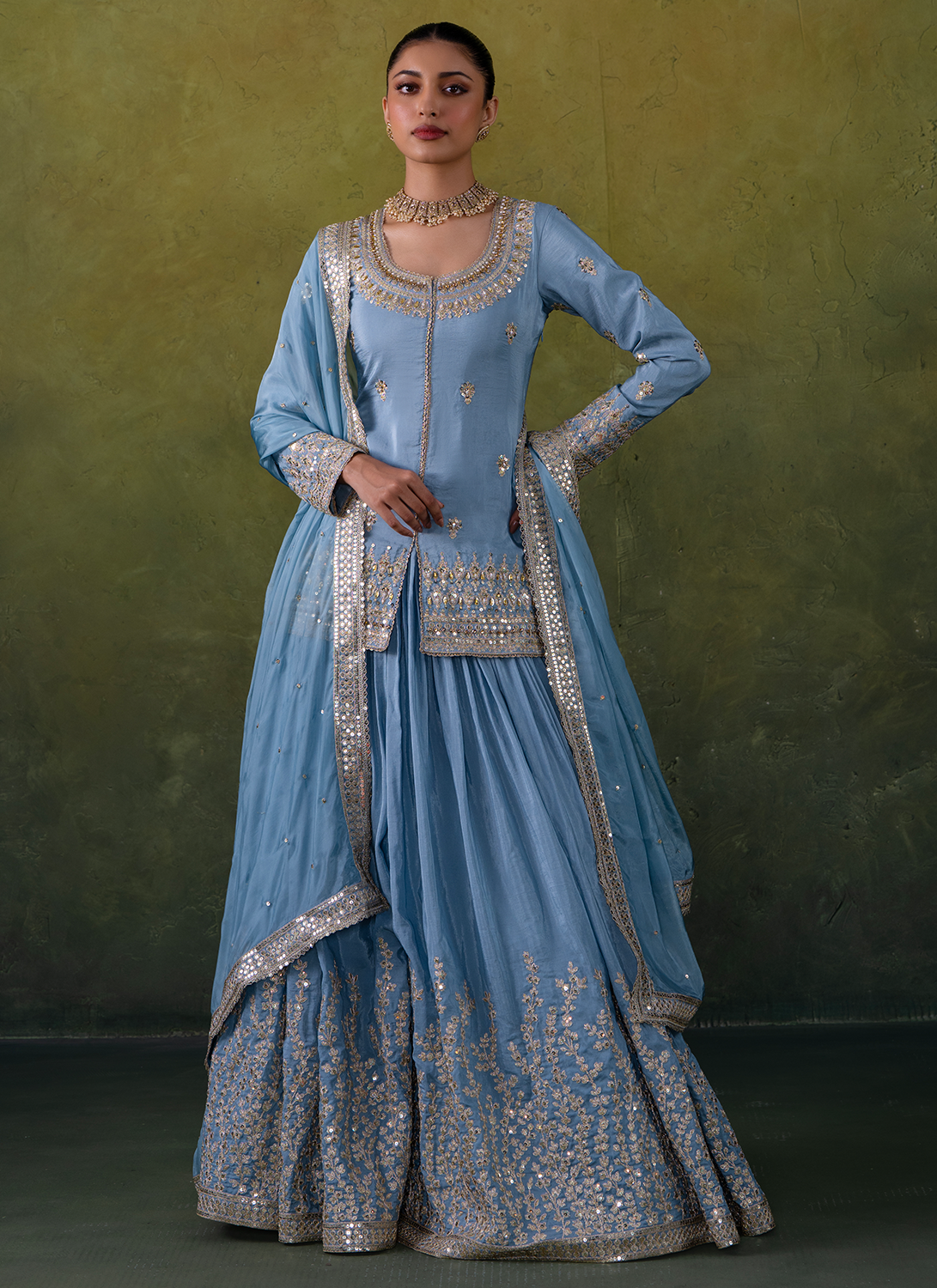 Light Blue Embroidered Crepe Kurti Style Lehenga