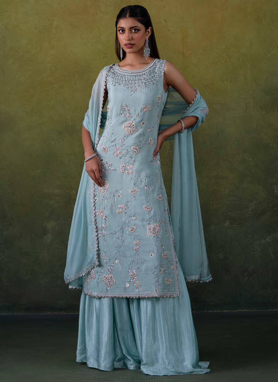 Light Blue Embroidered Silk Sharara Suit