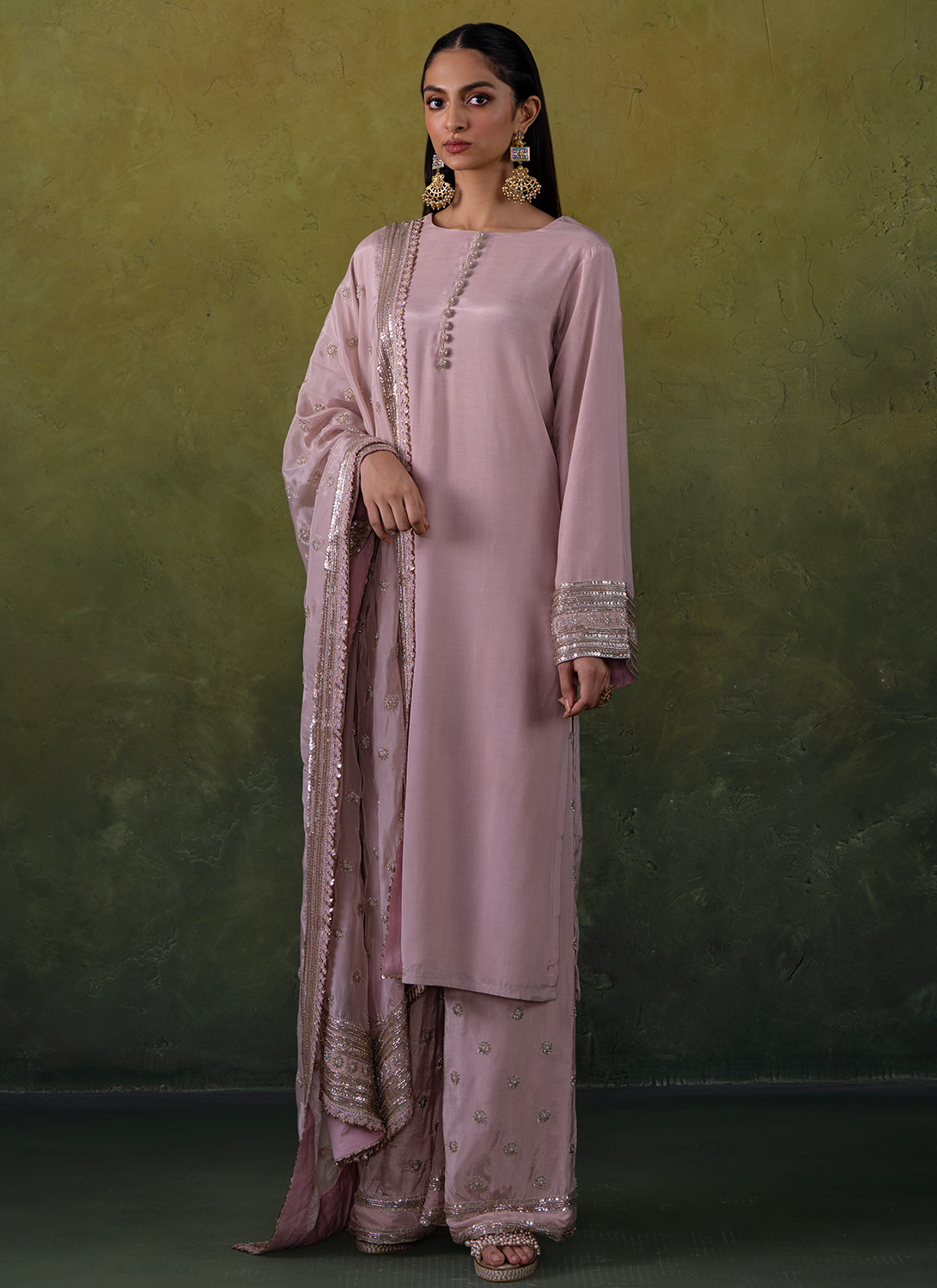Light Pink Embroidered Viscose Silk Palazzo Suit