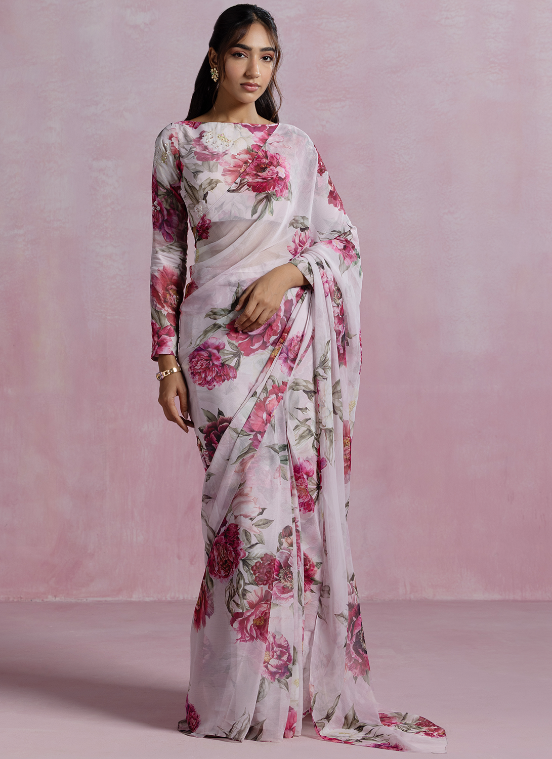 Light Pink Floral Printed Chiffon Saree