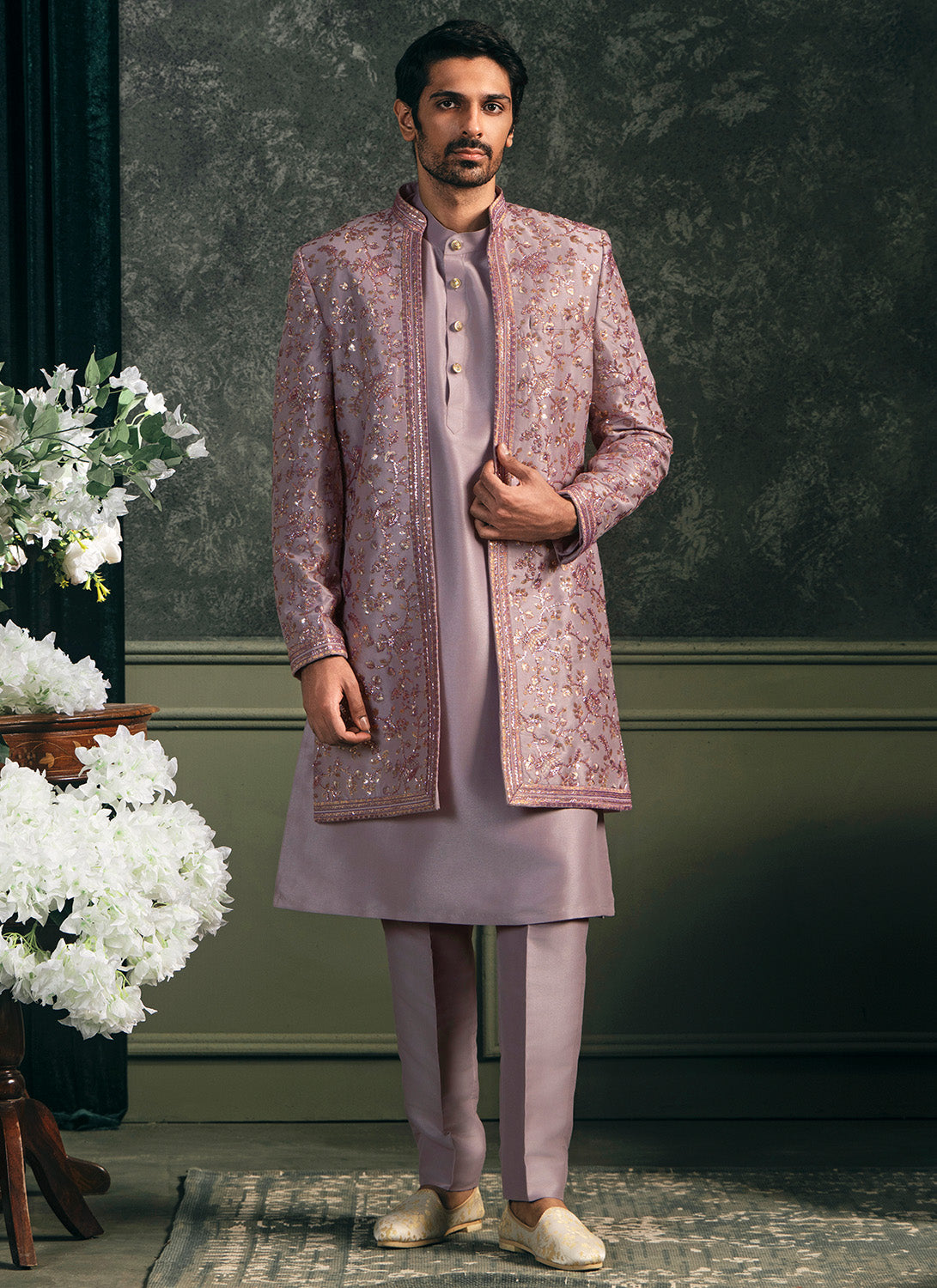 Light Purple Embroidered Silk Sherwani Set