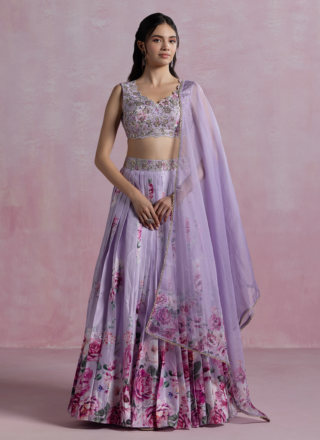 Light Purple Floral Printed Modal Satin Lehenga