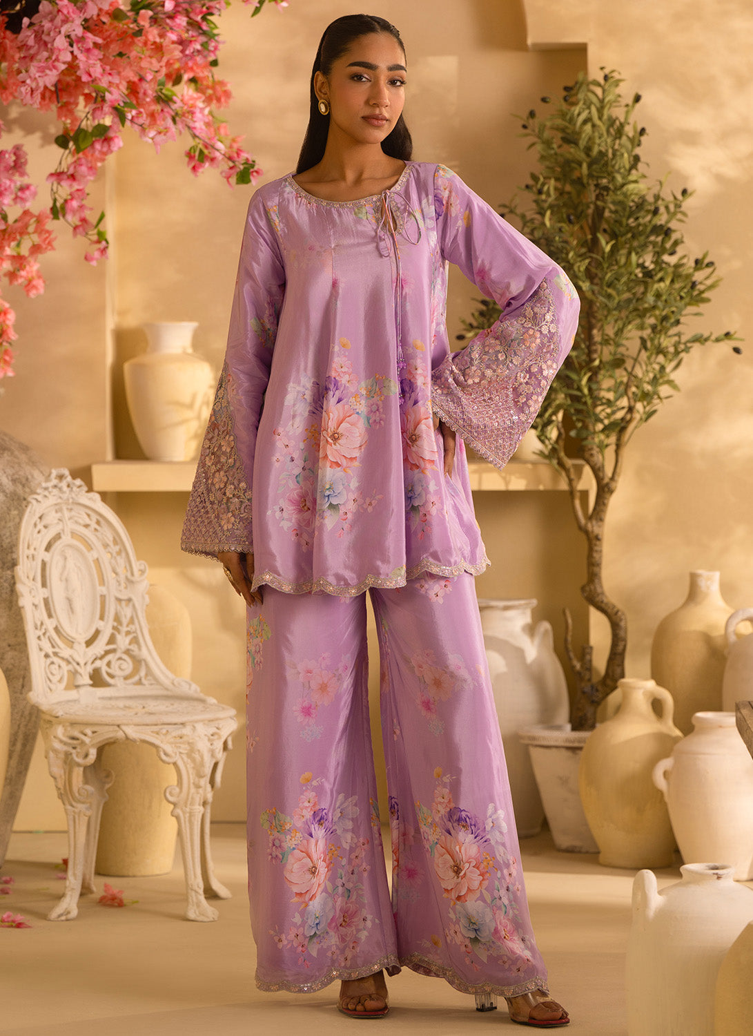 Lilac Floral Embroidered Crepe Silk Set