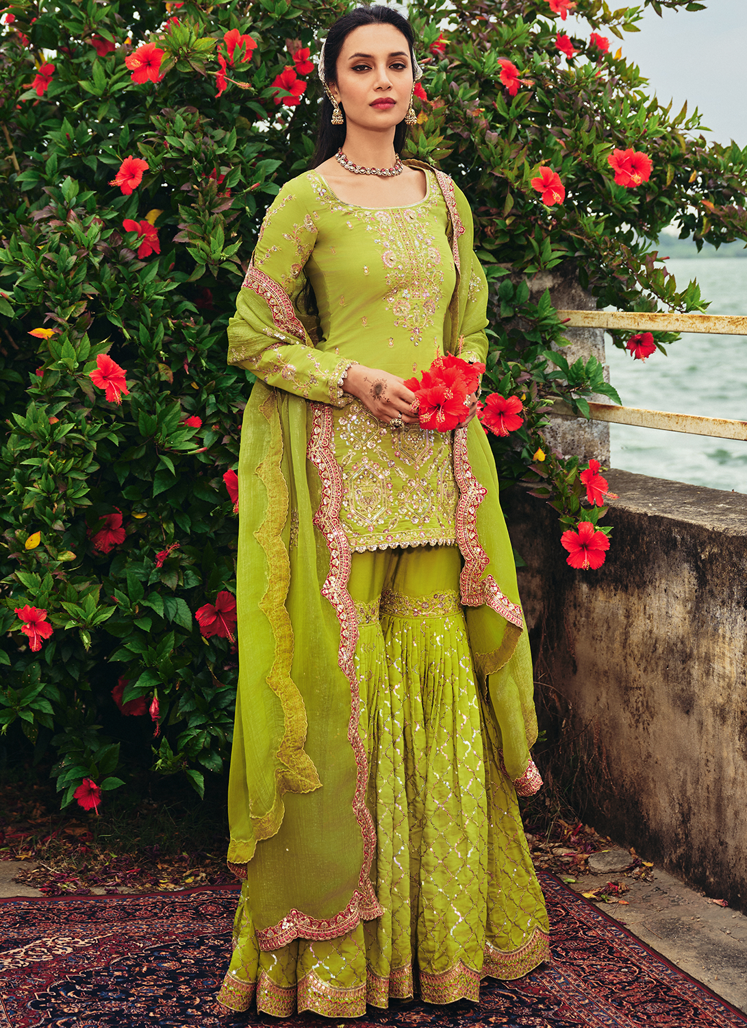 Lime Green Embroidered Silk Gharara