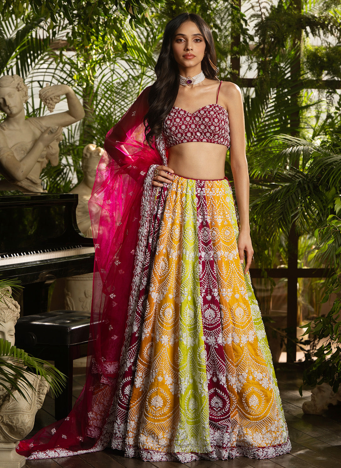 Magenta Multicolor Embroidered Pure Silk Lehenga