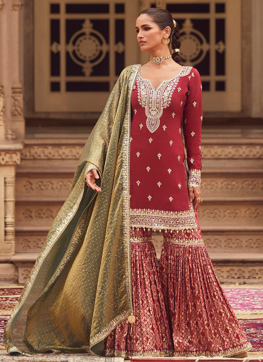 Maroon Embroidered Crepe Gharara Suit - Main Image