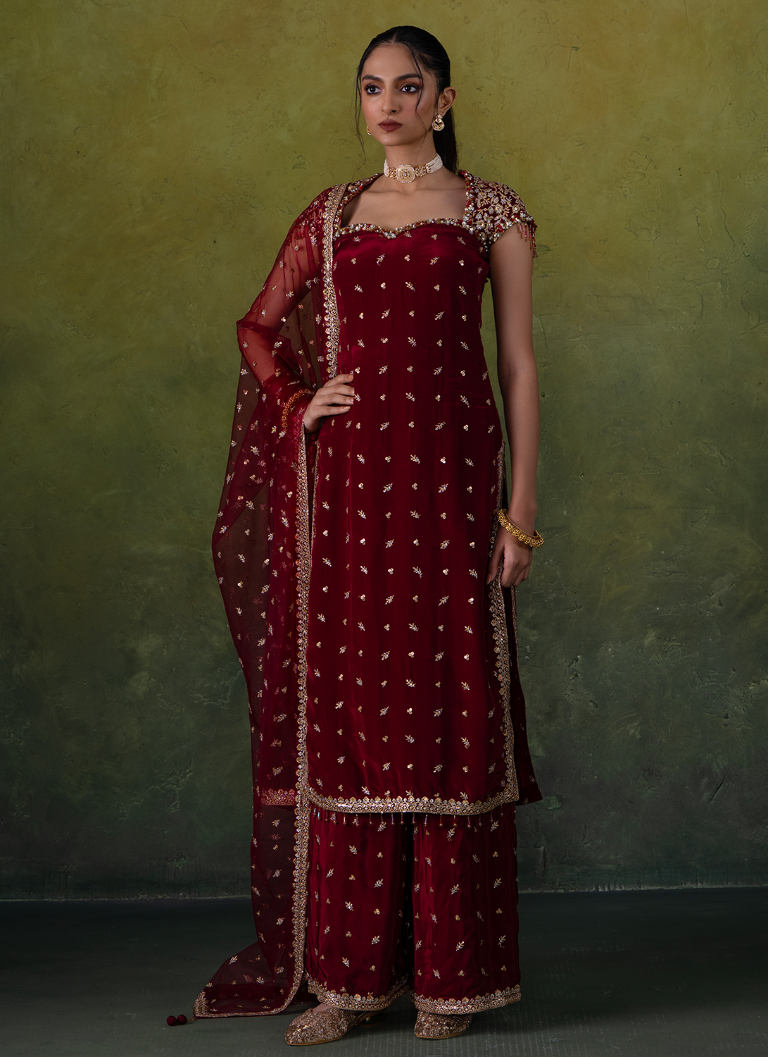Maroon Embroidered Crepe Pant Suit