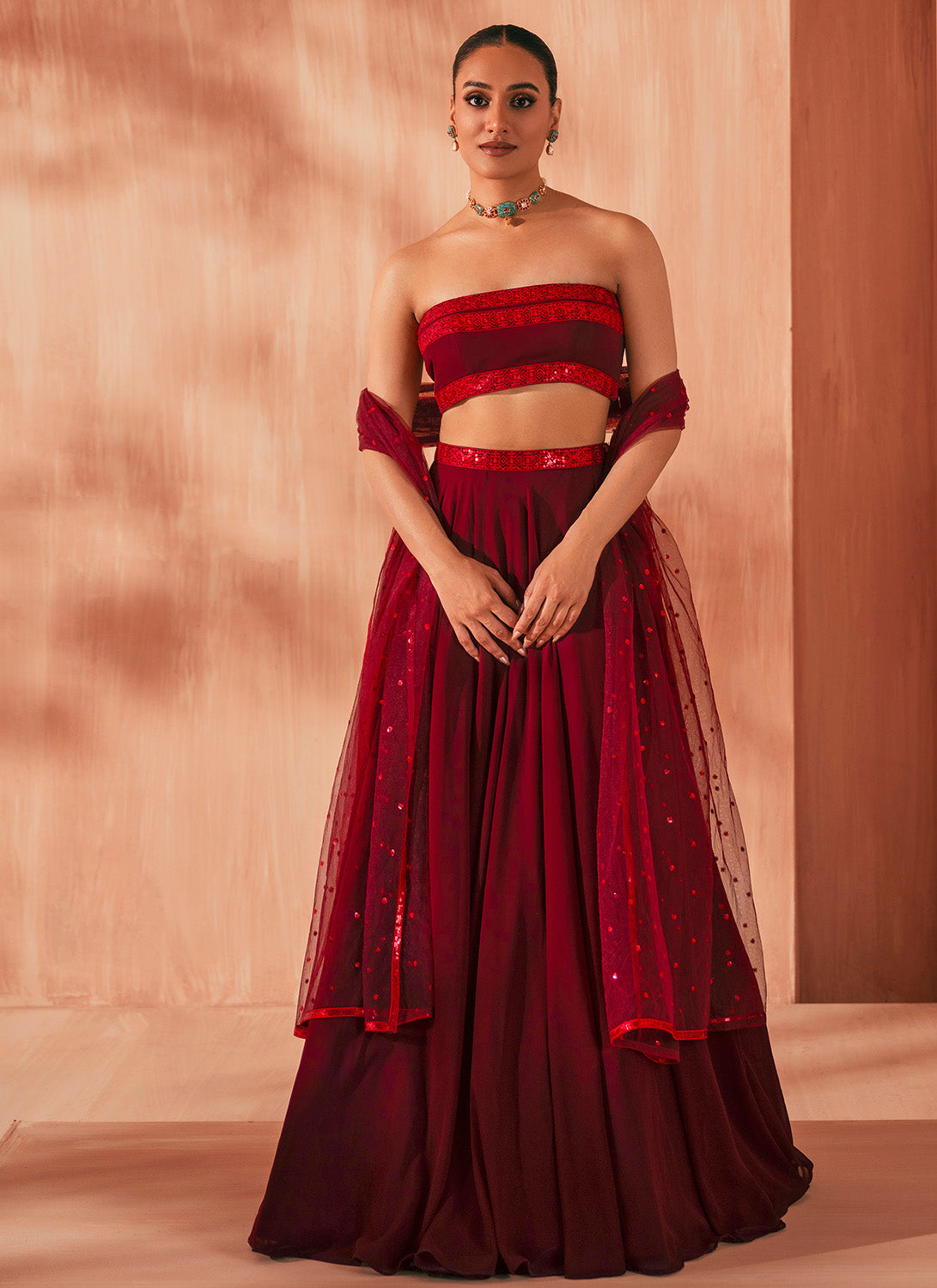 Maroon Embroidered Georgette Lehenga