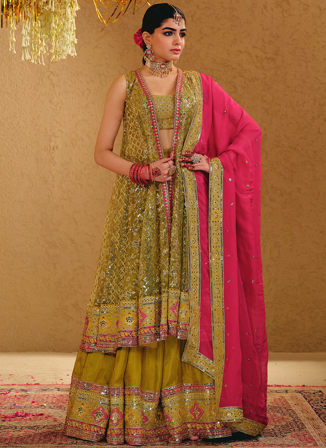Mehendi Green and Hot Pink Embroidered Kurti Style Lehenga