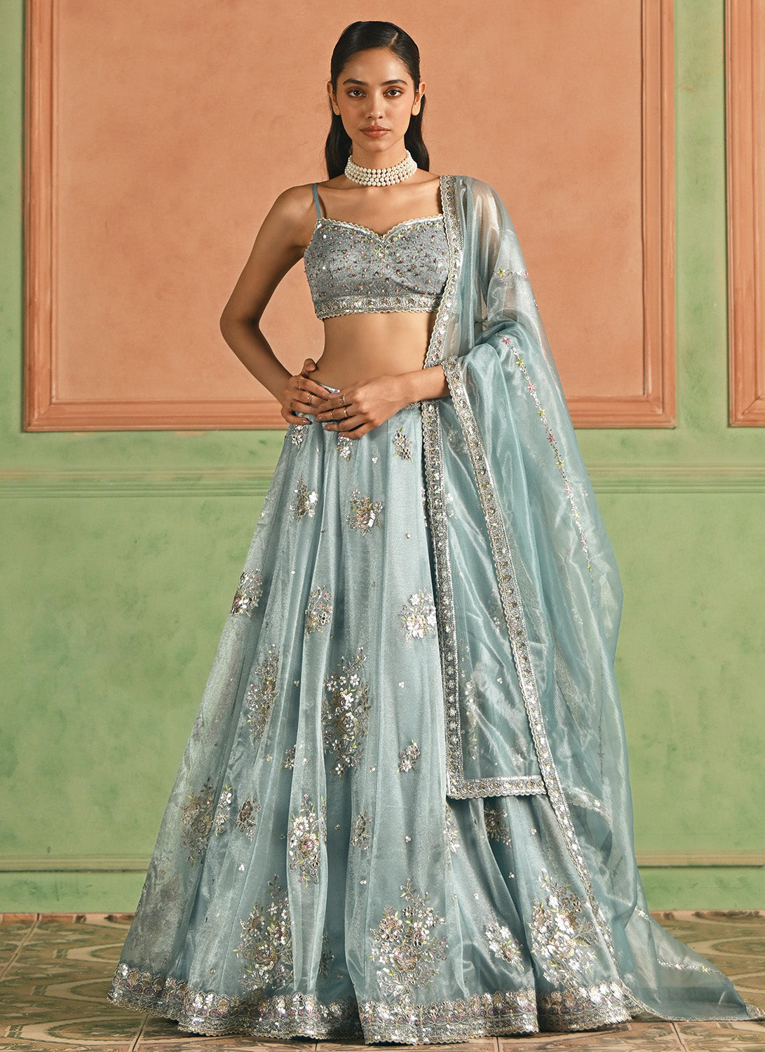 Mint Blue Embroidered Net Lehenga