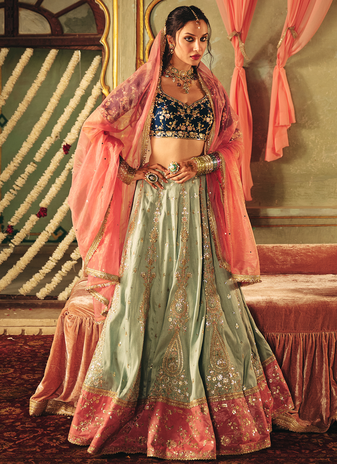 Mint Blue Multicolor Embroidered Silk Lehenga