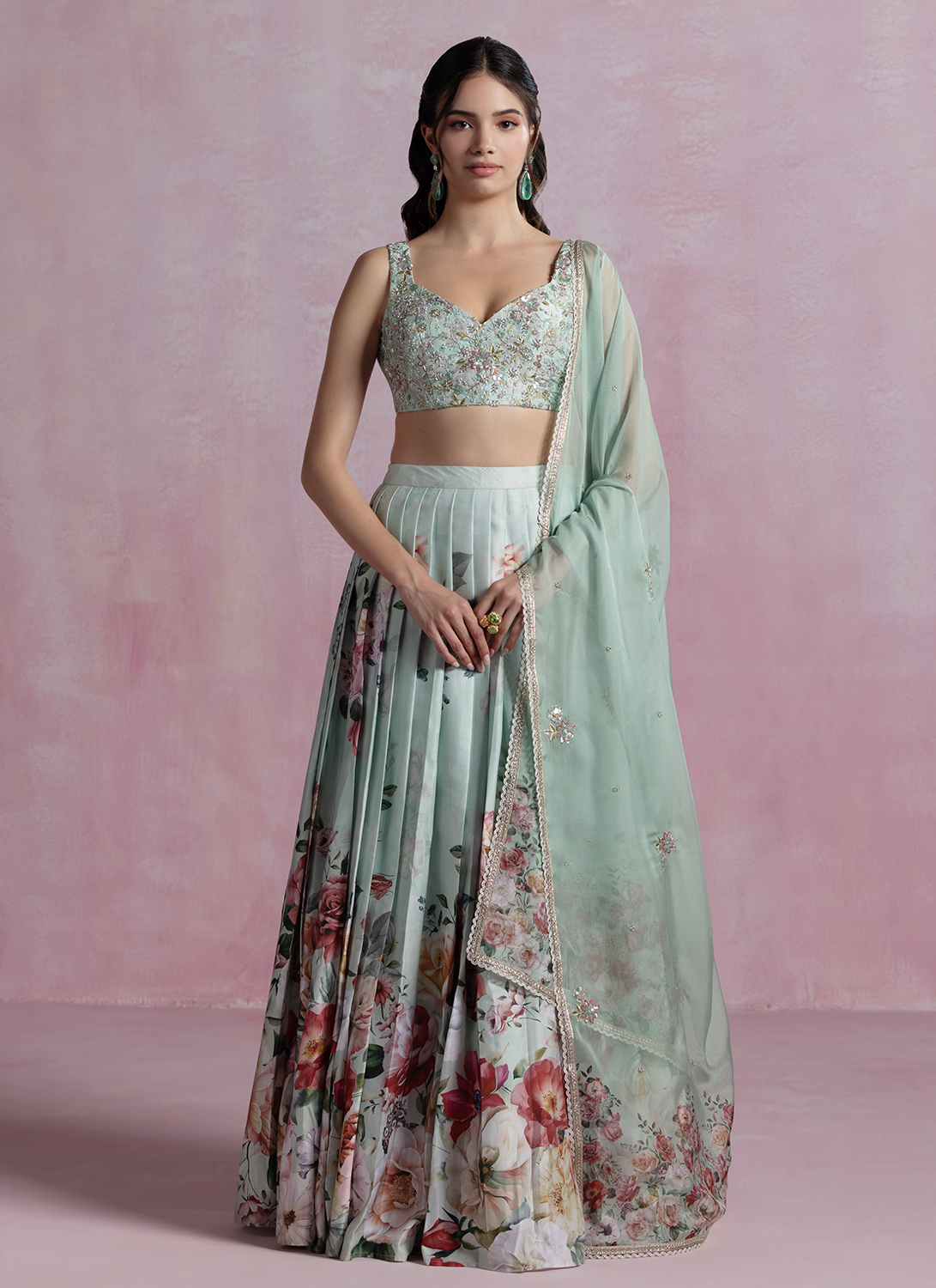 Mint Green Floral Printed Modal Satin Lehenga