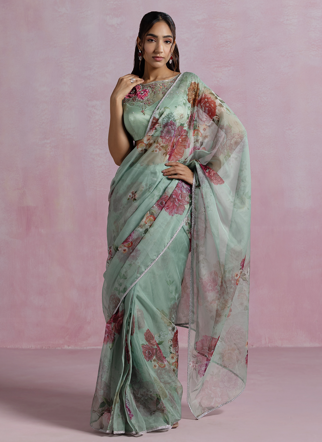 Mint Green Floral Printed Organza Saree