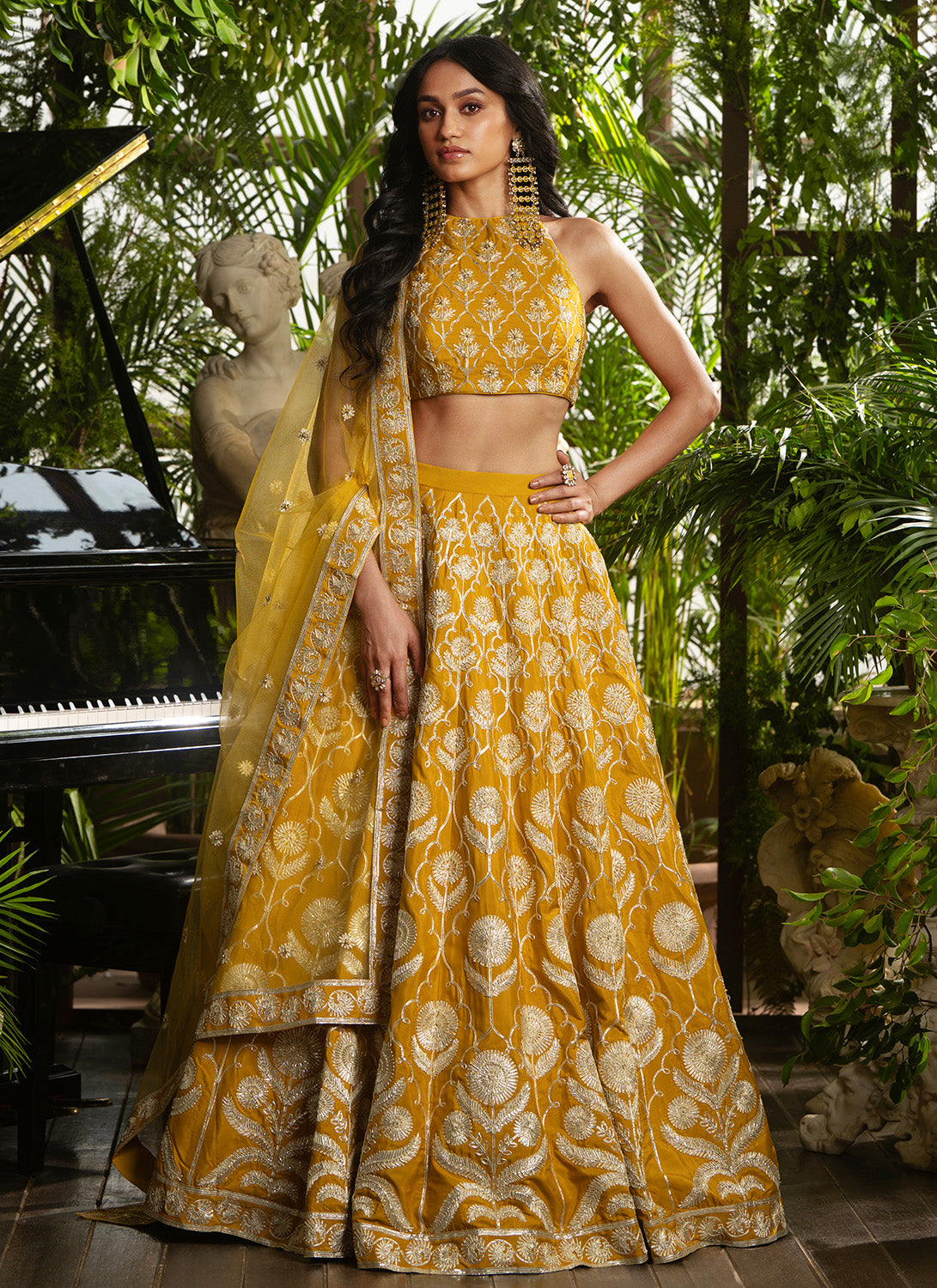 Mustard Embroidered Crepe Lehenga