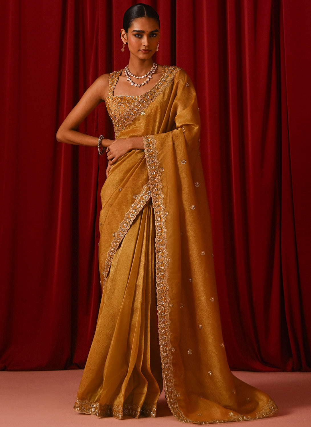Mustard Embroidered Tissue Saree