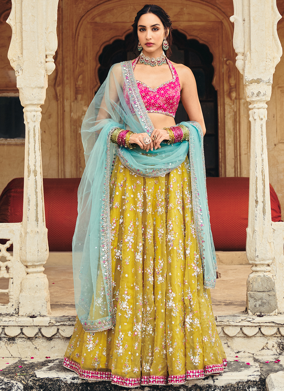 Mustard Multicolor Embroidered Bandhani Lehenga