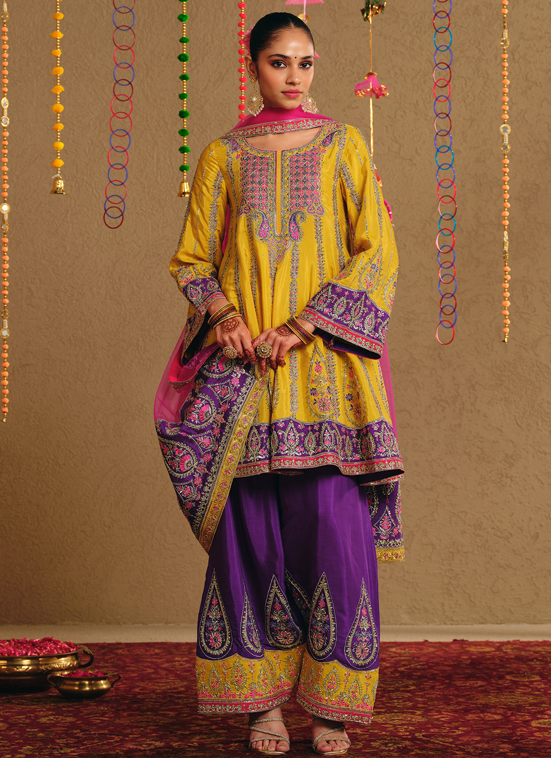 Mustard Multicolor Embroidered Viscose Silk Salwar Suit
