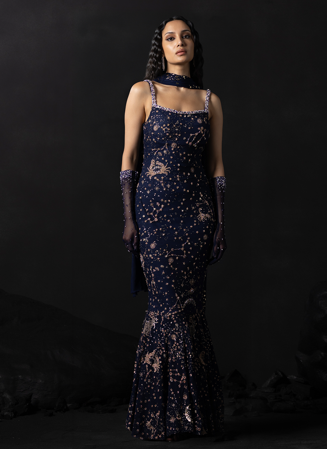 Navy Blue Celestial Zodiac Mermaid Gown