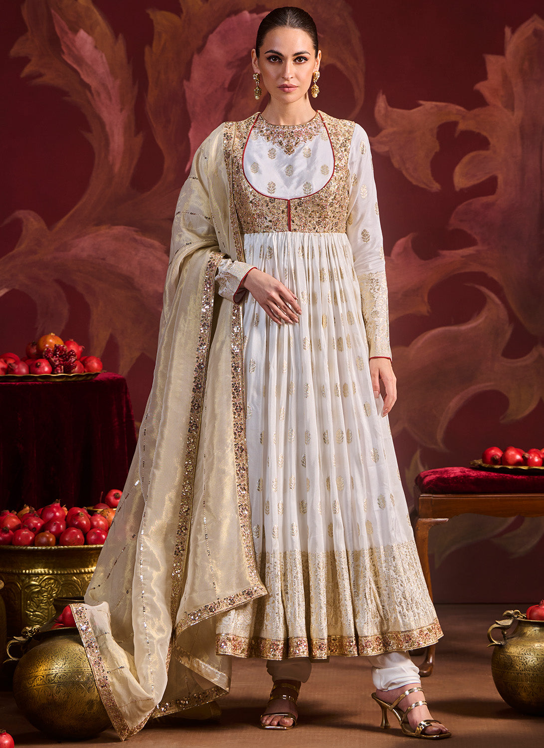 Off White Fancy Jacket Style Embroidered Anakarli Suit main image 1