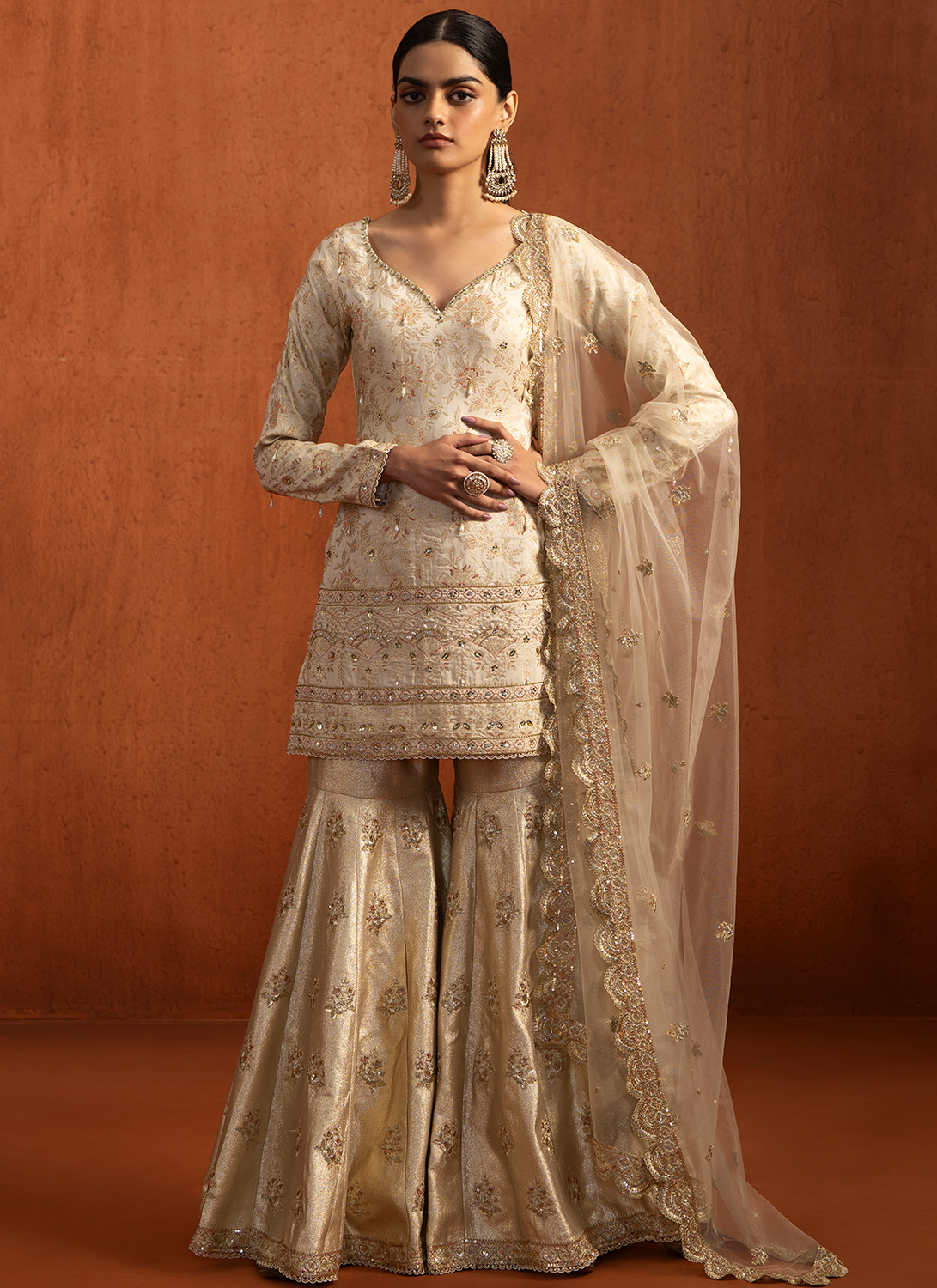 Off White Embroidered Brocade Gharara Suit
