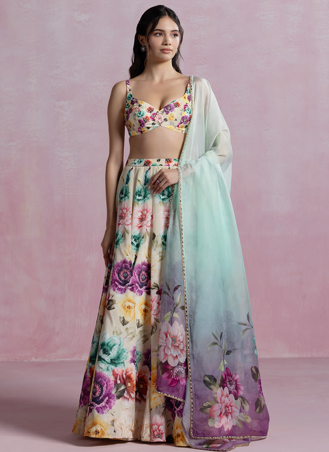 Off White Multicolor Floral Printed Crepe Lehenga