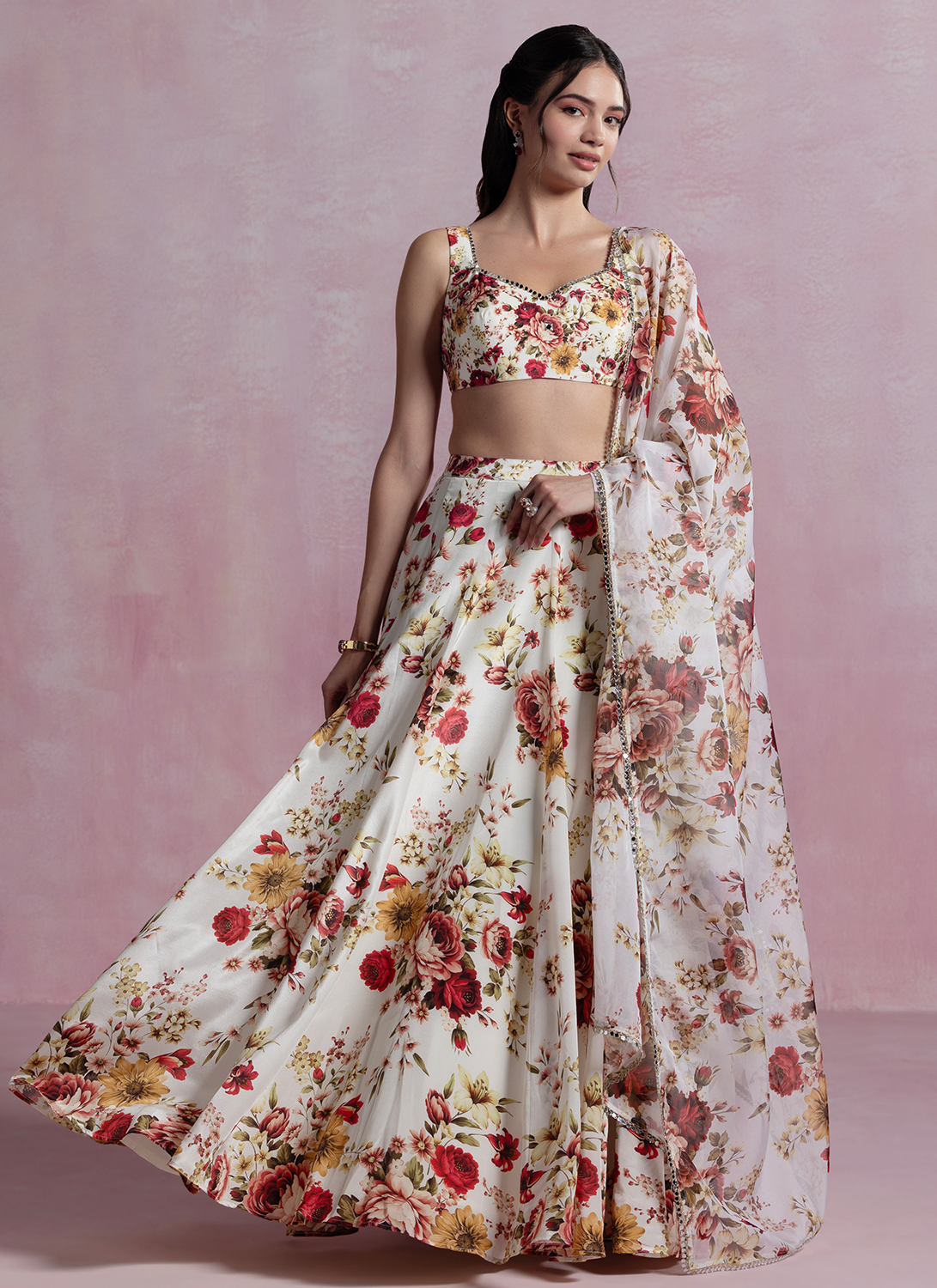 Off White and Maroon Floral Printed Crepe Lehenga