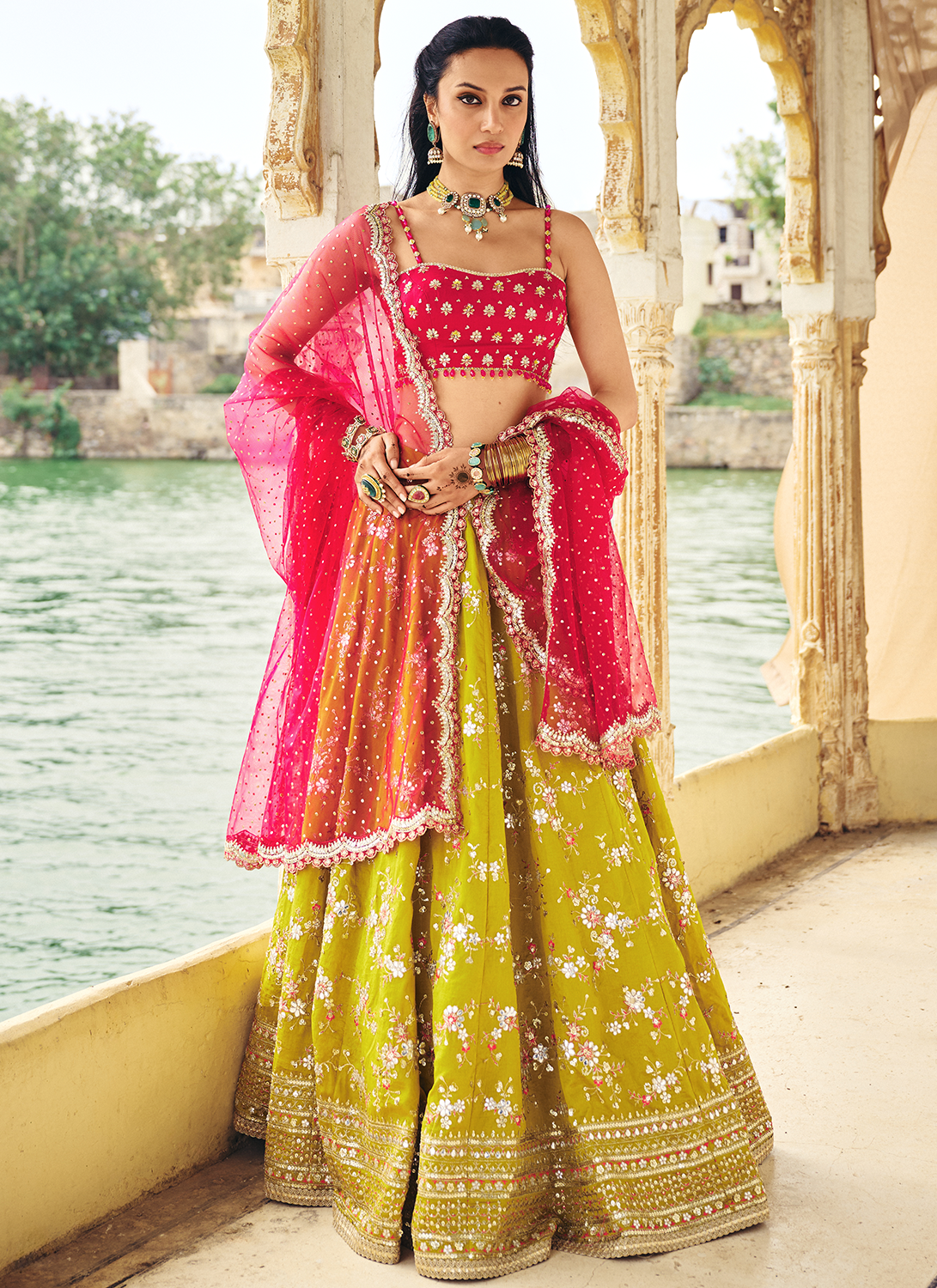 Olive Green and Hot Pink Embroidered Silk Lehenga