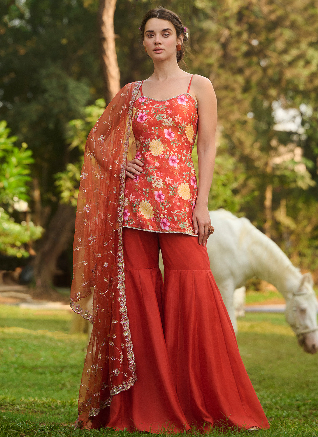 Orange Zari Threads Work Festive Gharara Style Suit