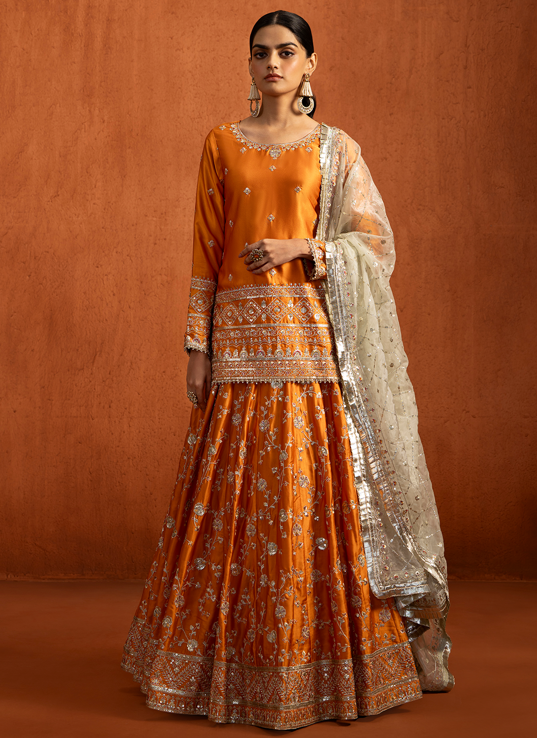 Orange Embroidered Silk Kurti Style Lehenga