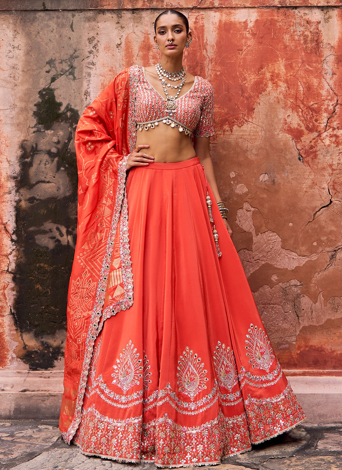Orange Embroidered Viscose Silk Lehenga - Main Image