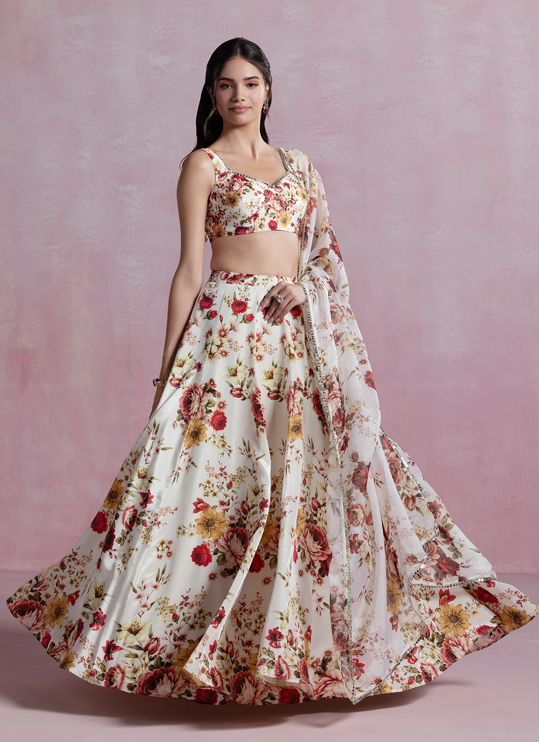 Off White and Maroon Floral Printed Crepe Lehenga