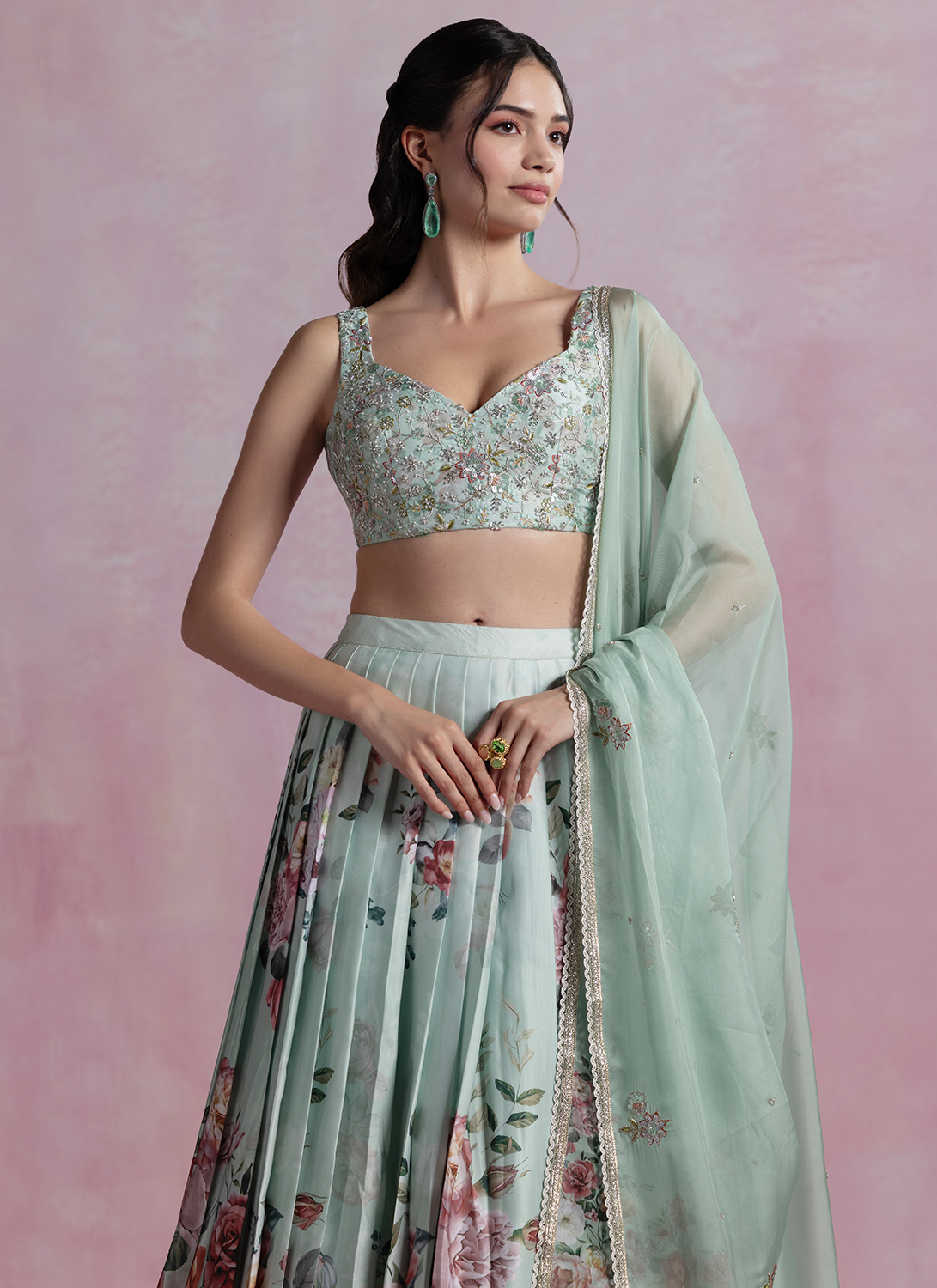 Mint Green Floral Printed Modal Satin Lehenga